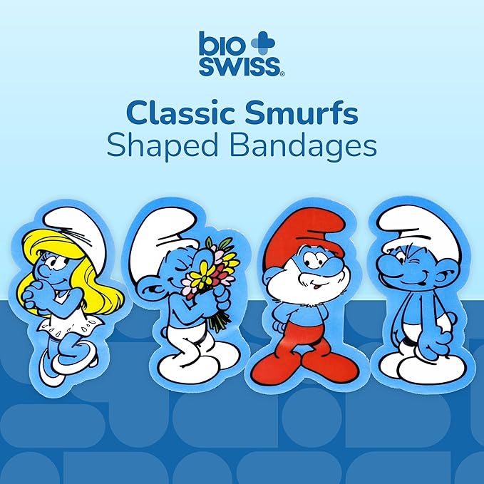 BioSwiss Bandages, The Smurfs Shaped Self Adhesive Bandage, Latex Free Sterile Wound Care, Fun First Aid Kit Supplies for Kids and Adults, 50 Count