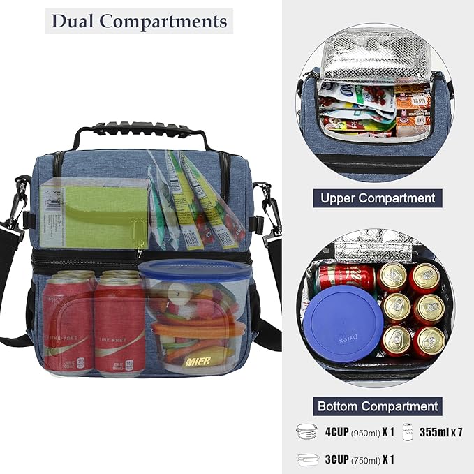 MIER Dual Compartment Lunch Bag Tote with Shoulder Strap for Men and Women Insulated Leakproof Cooler Bag, Dark Blue