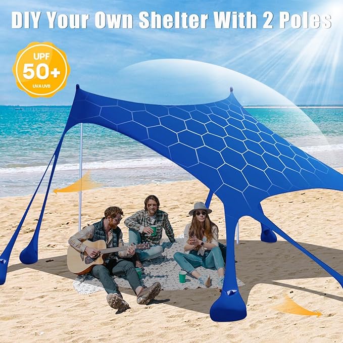 Beach Tent,10x10ft Sun Shelter UPF50+ Includes 8 Sandbags and Ground Pegs-2 Sand Shovel-4 Aluminum Poles-Carrying Bag,Beach Canopy for Camping Trips,Fishing,Backyard Fun or Picnics.