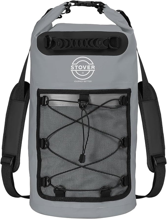 STOVER 5/10/25/30/40/55L Waterproof Dry Backpack- Medium Floating Dry Bag for Kayaking, Travel, Tubing, Hiking, Fishing, Camping, Motorcycles & the Beach, Heavy-Duty Roll Top Men/Women (Grey)