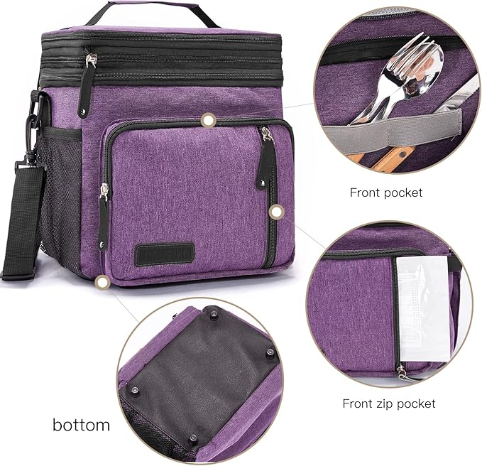 Men's and Women Double Compartment Lunch Bag, Insulated Lunch Cooler Tote 2 Roomy Large Reusable Water-resistant Lunch Box (Purple, 15L)''