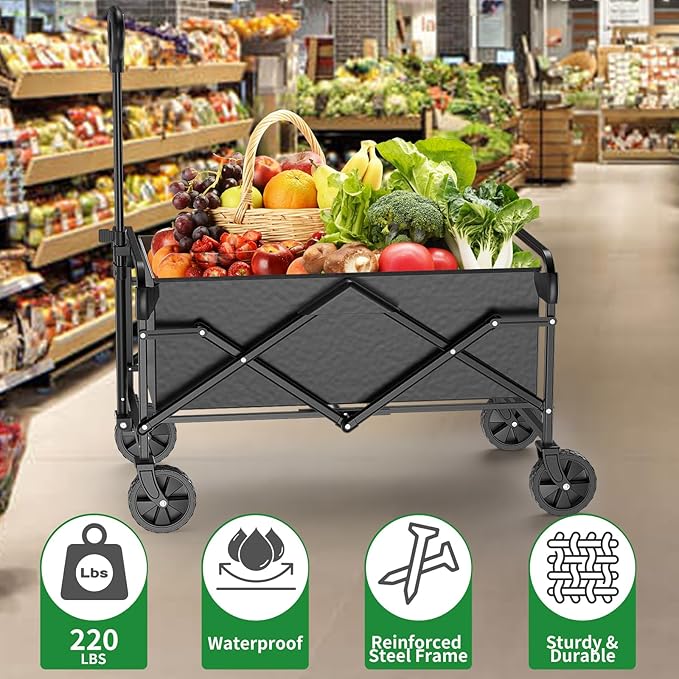 Collapsible Wagon Cart with 5" Removable 360° Swivel Wheels & Handle Adjustable, 220lbs Capacity， Waterproof 600D Oxford Fabric & MDF Base, All-Terrain Portable Utility Cart for Shopping, Garden， Pet