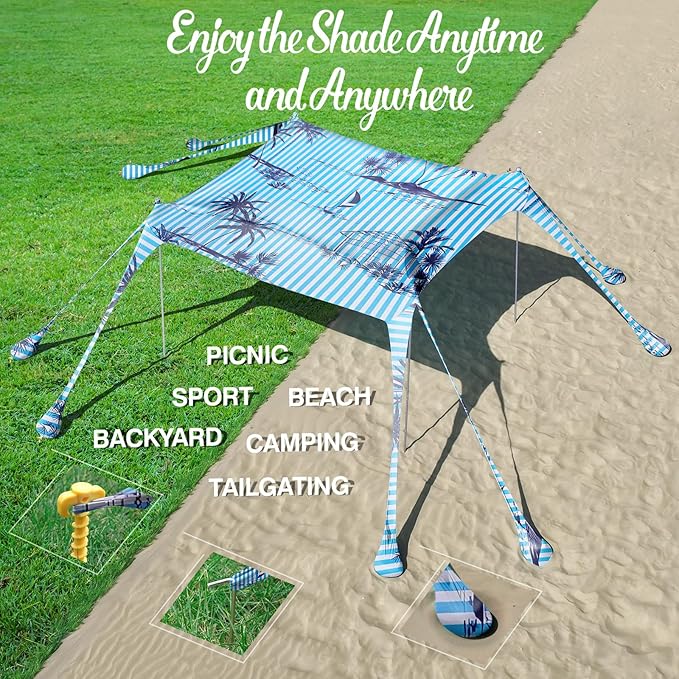 Rhino Valley Beach Tent Sun Shelter, 10x10FT Beach Canopy Tent Sun Shade UPF50+ Protection with 8 Sandbags 4 Stability Poles, Outdoor Beach Shade Canopy 6-8 People for Beach Camping Fishing