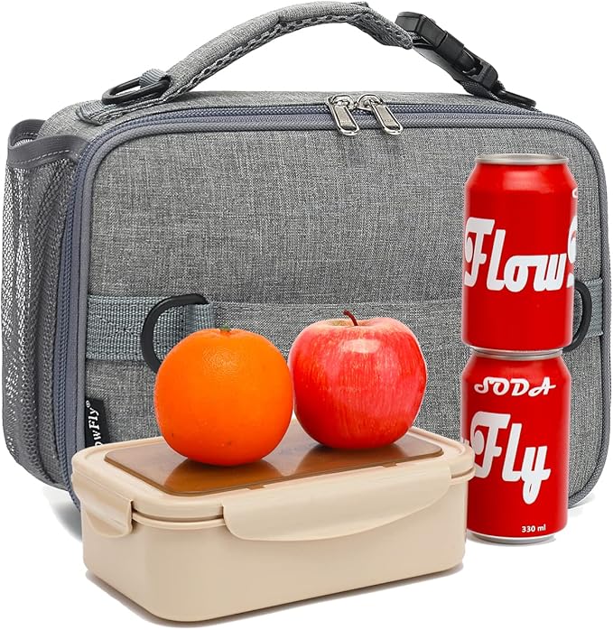 FlowFly Kids Lunch Bag, Durable Insulated School Lunch Box with Shoulder Strap and Bottle Holder, Water-resistant Thermal Small Lunch Cooler Tote for Teen Boys & Girls,Grey