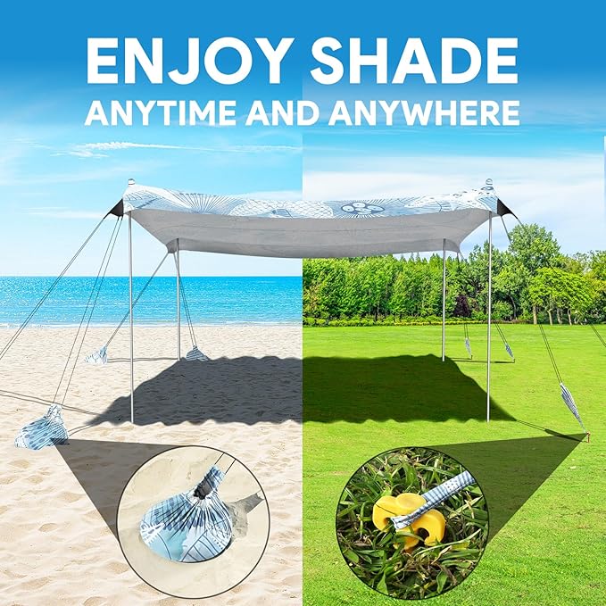 Beach Tent Sun Shelter, 10 x 10 FT Beach Canopy Tent Sun Shade, UPF50+ Beach Tent Canopy with 8 Sandbags & 4 Stability Poles, Outdoor Beach Tent for Beach Camping Fishing, Starfish