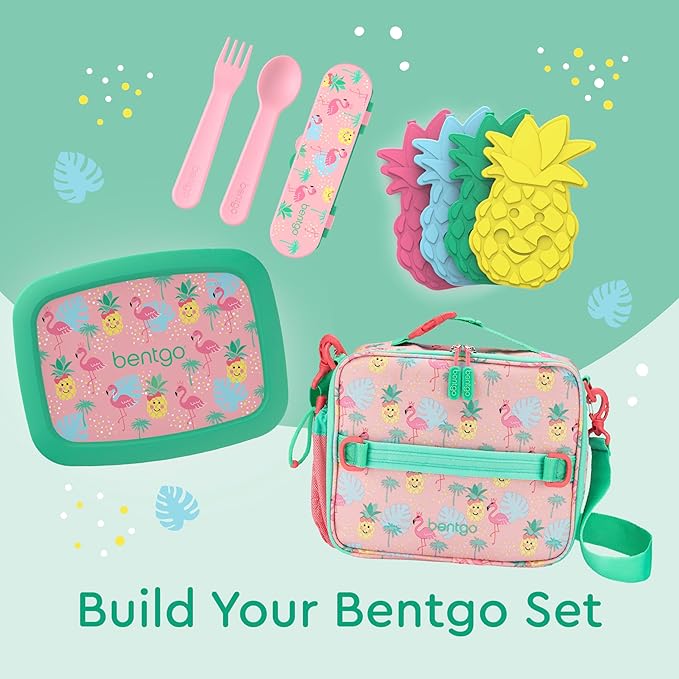Bentgo Kids Lunch Bag - Durable, Double-Insulated Lunch Bag for Kids 3+; Holds Lunch Box, Water Bottle, & Snacks; Easy-Clean Water-Resistant Fabric & Multiple Zippered Pockets (Tropical)