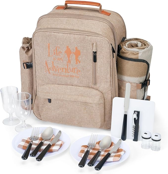 24L Insulated Picnic Basket Leak Proof Picnic Backpack for 2, Light Brown Camping Gifts, Cool Bridal Shower Gifts for Bride & Groom, Mr & Mrs, Anniversary Engagement Wedding for Newly Engaged Couples