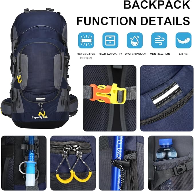 ShowyLive 60L Waterproof Hiking and Camping Backpack for Men - Durable, Lightweight Large Hiking Backpack with Rain Cover, Multi Compartments, and Adjustable Straps, Blue