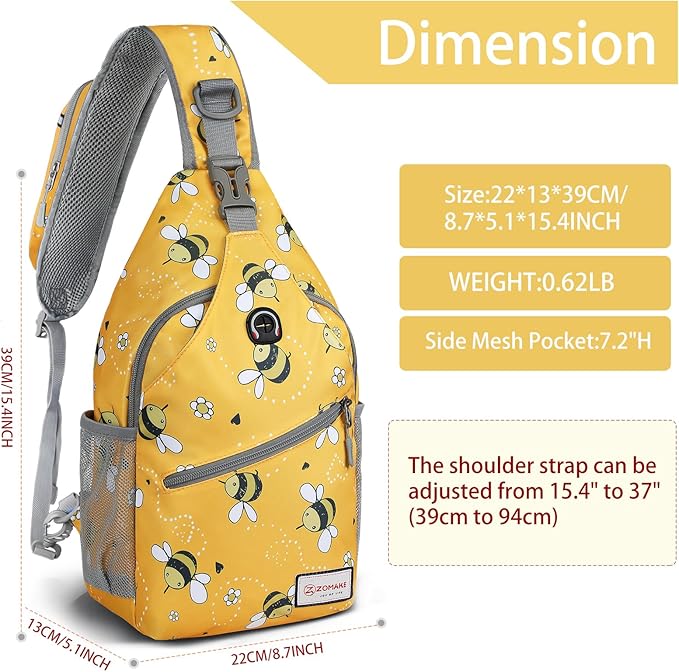 ZOMAKE Sling Bag for Women Men, Small Crossbody Sling Backpack, Mini Water Resistant Shoulder Daypack for Travel, Anti Thief Chest Bag for Hiking, Sports(Bee Yellow)