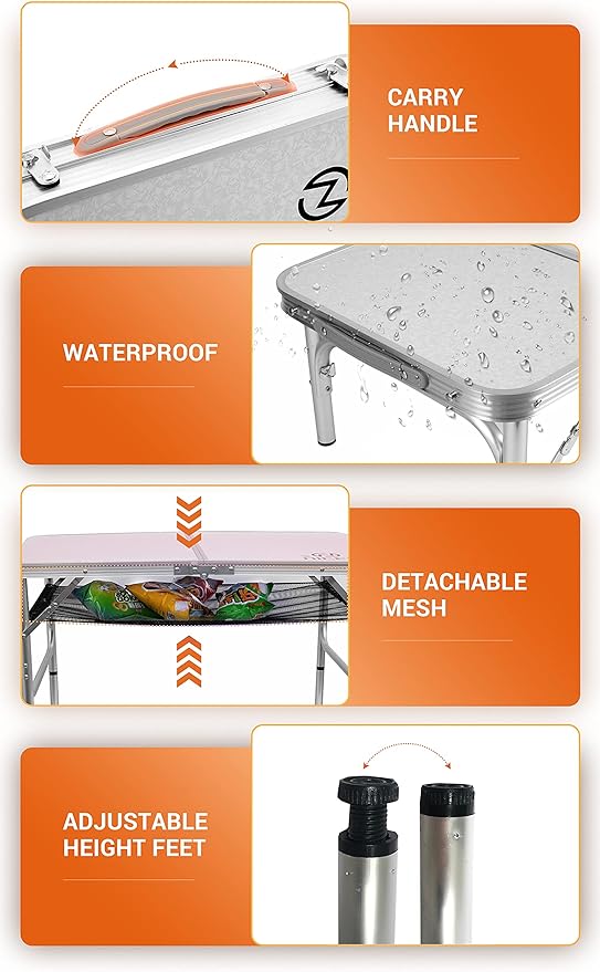 Nice C Card Table, Folding Picnic Table, Small Table, Adjustable Height Folding Table, Camping, Outdoor, Portable Lightweight Aluminum, with Carry Handle for Beach, Indoor, Office (Small)