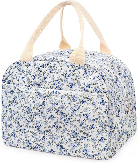 Cotton Quilted Insulated Lunch Bag, Cute Quilted Floral Lunch Tote Bags Reusable Insulated Lunch Box Coquette Aesthetic Large Capacity Insulated Cooler for Women Men Work Travel Picnic (Dark Blue)