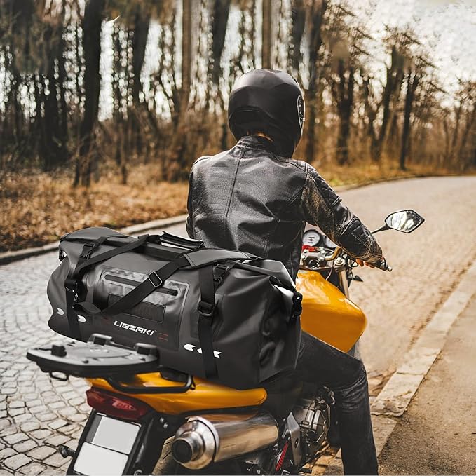 LIBZAKI High-Vis Waterproof Duffel Bag - PVC Rolltop Dry Bag with Locking Straps for Motorcycle Travel, Beach & Emergency Gear 70L Black/Yellow