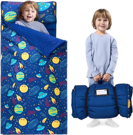 JOIEDOMI Toddler Nap Mat for Preschool 55''x30'' Sleeping Mat with Removable Pillow and Minky Blanket for Kids Ages 3-7 Roll Up Soft Kids Sleeping Bag for Boys Girls Kindergarten Daycare Sleepover
