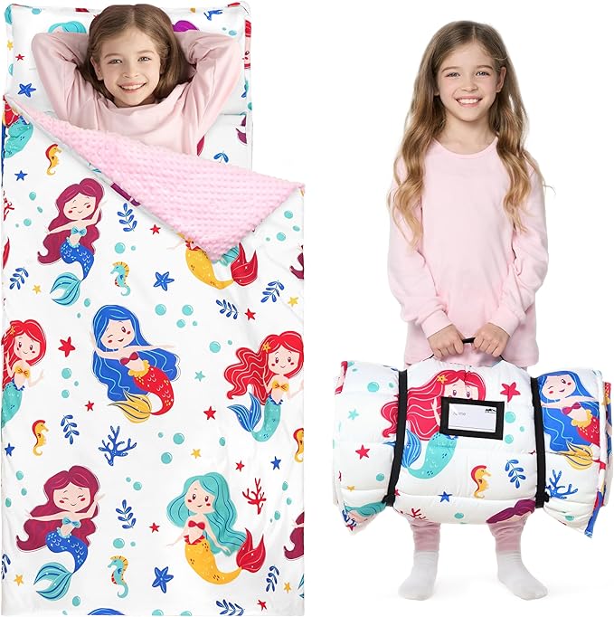 JOIEDOMI Toddler Nap Mat for Preschool 55''x30'' Sleeping Mat with Removable Pillow and Minky Blanket for Kids Ages 3-7 Roll Up Soft Kids Sleeping Bag for Boys Girls Kindergarten Daycare Sleepover