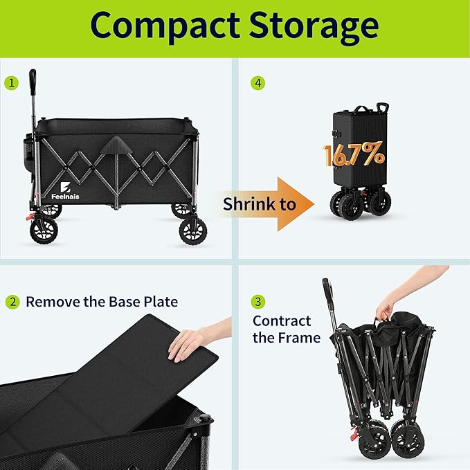 200L Collapsible Wagon Carts with Wheels, Feelnais Large Foldable Wagons for Grocery Shopping Beach Camping, Folding Garden Wagon Cart Heavy Duty
