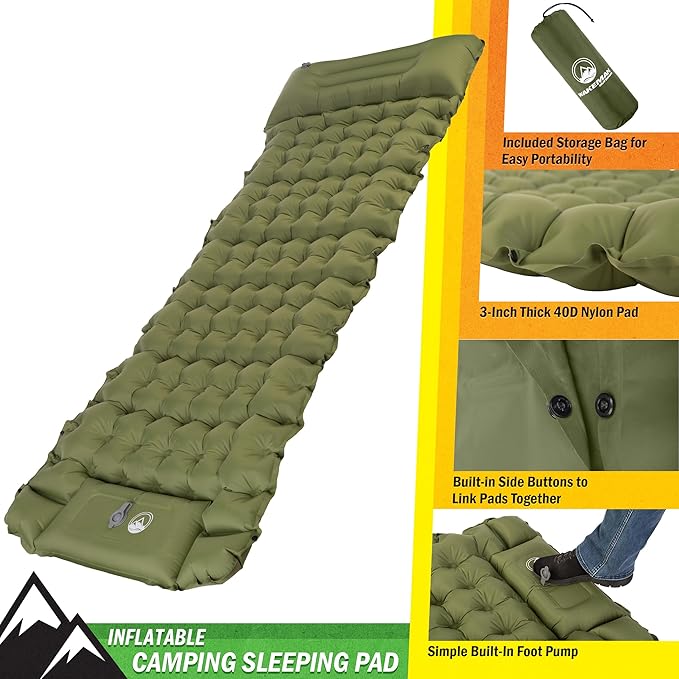 Wakeman Sleeping Pad for Camping - Inflatable Mat with Built-in Foot Pump - Waterproof Camp Mattress - Camping Gear Must Haves Outdoors (Olive)