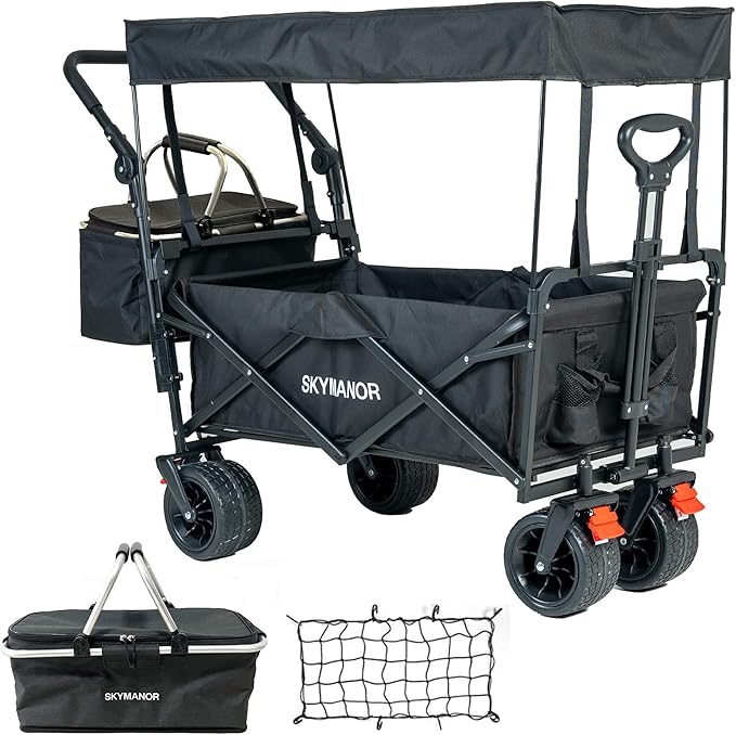 Collapsible Wagon Folding Garden Cart with Removable Canopy Utility Wagon Cart with All-Terrain Wheels Brake Beach Cart for Sand Heavy Duty Beach Wagon for Camping Shopping (Black)