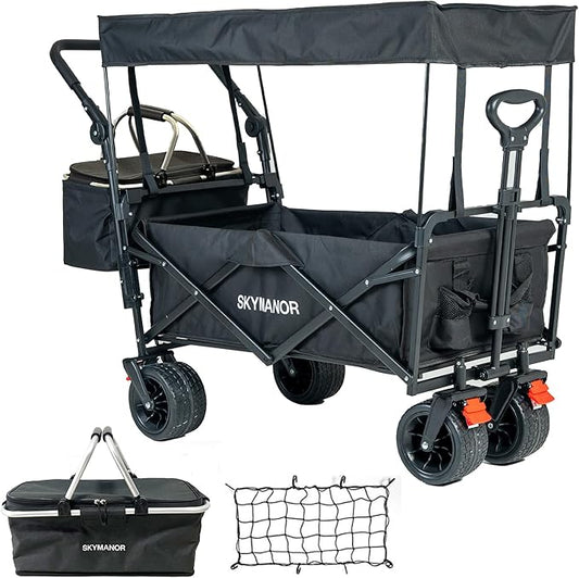 Collapsible Wagon Folding Garden Cart with Removable Canopy Utility Wagon Cart with All-Terrain Wheels Brake Beach Cart for Sand Heavy Duty Beach Wagon for Camping Shopping (Black)