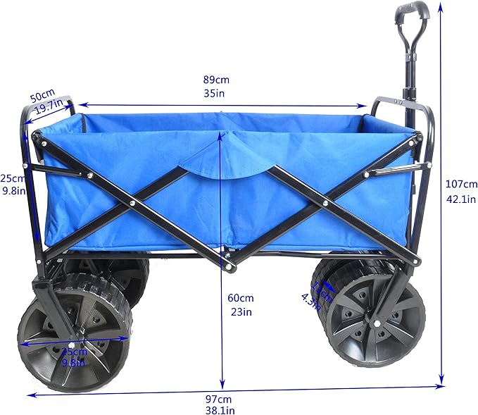 Collapsible Folding Wagon Garden Shopping Beach Cart,Heavy Duty Utility Buggy with Big Wheels,Adjustable Handle and Cup Holder,for Sand,Camping,Outdoor,40.55",Blue