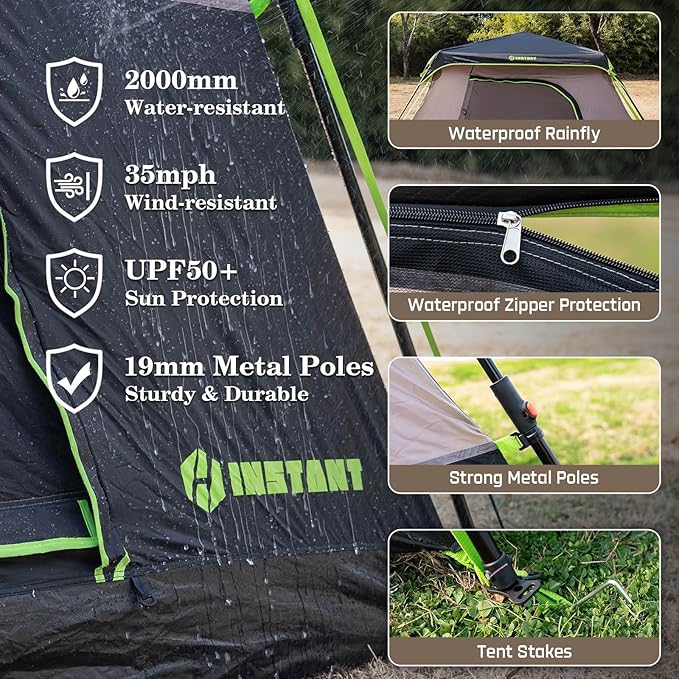4/6 Person Instant Tent, Waterproof Pop Up Tents for Camping with Rainfly, 60 Seconds Easy Setup, Automatic Cabin Tent for Family Camping with Expandable Carry Bag & Upgraded Ventilation
