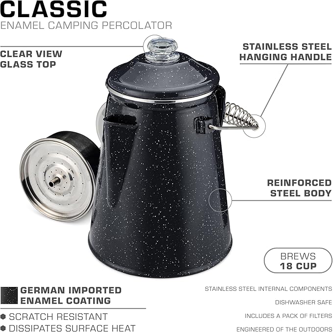 COLETTI Classic Percolator Coffee Pot — Camping Coffee Percolator, Campfire Coffee Pot – Camping Percolator for Groups — Brew for the Whole Campsite (Black, 18 Cup)