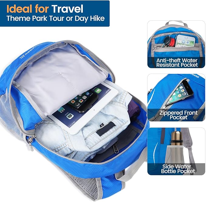 ZOMAKE Ultra Lightweight Packable Backpack 25L, Foldable Hiking Backpacks Water Resistant Small Folding Daypack for Travel(Dark Blue-NEW)