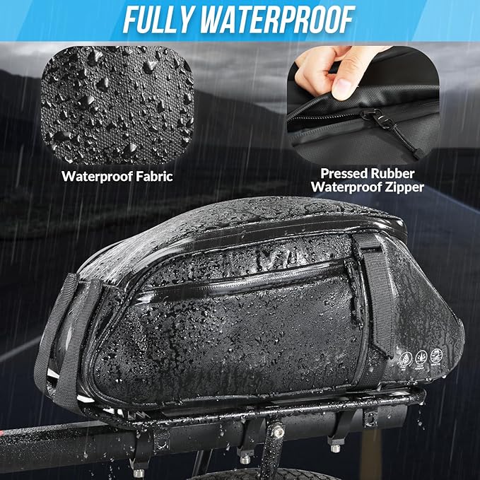 WOTOW Reflective Rear Rack Bag, Water Resistant Bike Saddle Panniers for Bicycles, 8L Trunk Cycling Back Seat Cargo Carrier Storage Pouch With Shoulder Strap for Travel Commute