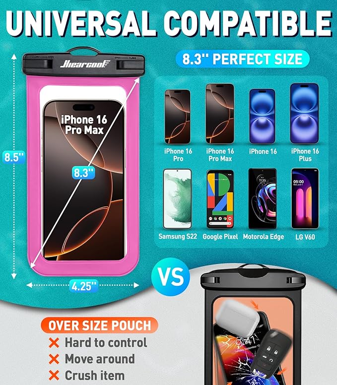 Hiearcool Waterproof Phone Pouch,Waterproof Phone Case for iPhone 16 15 14 13 Pro Max Plus up to 8.3",IPX8 Cellphone Dry Bag for Beach Cruise Travel-Bright Red-2Pack