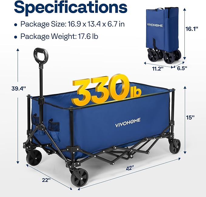 VIVOHOME Collapsible Wagon Carts, 330lbs 220L Utility Heavy Duty Foldable Wagons with Universal Wheels, Cup Holders & Side Pocket, Adjustable Handle, for Camping, Garden, Sports, Picnic, Shopping