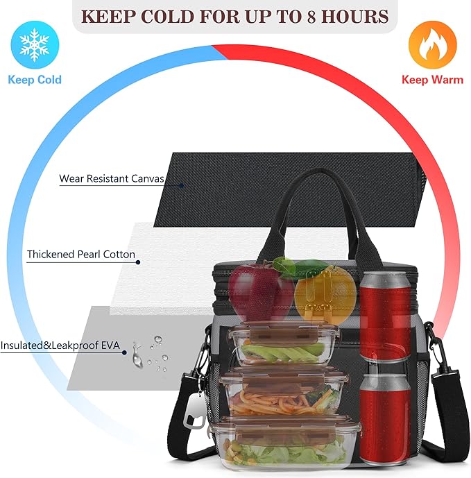 LOKASS Lunch Bag & Lunch Box for Men Women - Double Deck Expandable Insulated Waterproof Leakproof Cooler Bag for Work/Picnic - Grey