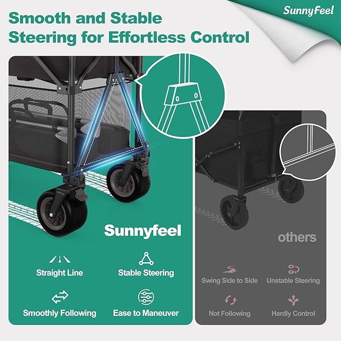 SunnyFeel Double Decker Wagon, Collapsible Outdoor Utility Wagon Cart 500LB Capacity Adjustable Handlebar,Foldable Wheels Stable Durable Oxford Fabric for Shopping Garden Camping (Black, Double Deck)