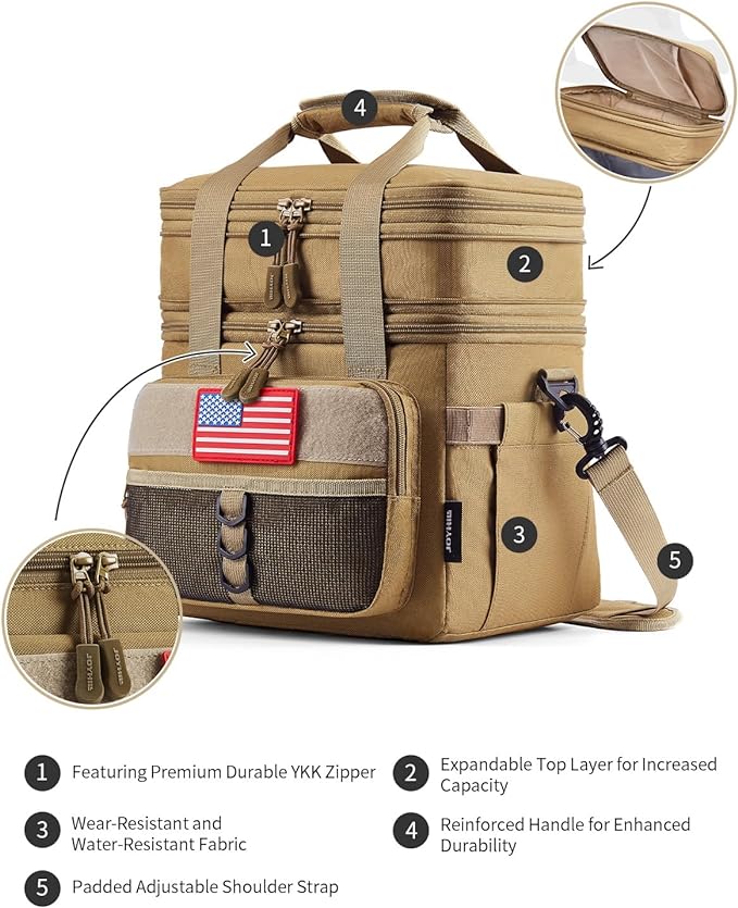 JOYHILL Tactical Lunch Box for Men, Double Deck Expandable Insulated Lunch Bag, Large Durable Thermal and Cooler Bag for Adult, Modern Leakproof Bag for Adult Work, Camping, Picnic, Navy,18 L/24 Can