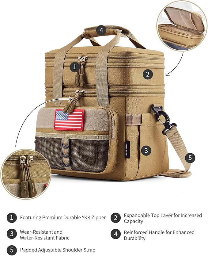 JOYHILL 18 L Tactical Lunch Box - Insulated, Leakproof, and Expandable Double-Deck Cooler Bag for Work, Camping, Picnic - Durable Black Lunch Bag for Adults,24 Can