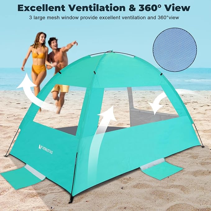 Venustas Beach Tent Sun Shelter for 3-10 Person, UPF 50+ UV Protection Canopy, Lightweight and Easy Setup Cabana, Portable Beach Shade