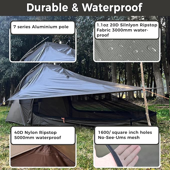 Onewind Ultralight One Person Tent, Waterproof Backpacking Tent with Rainfly Mesh Poles Easy Setup for 3 Season Camping Hiking Backpacking Fishing