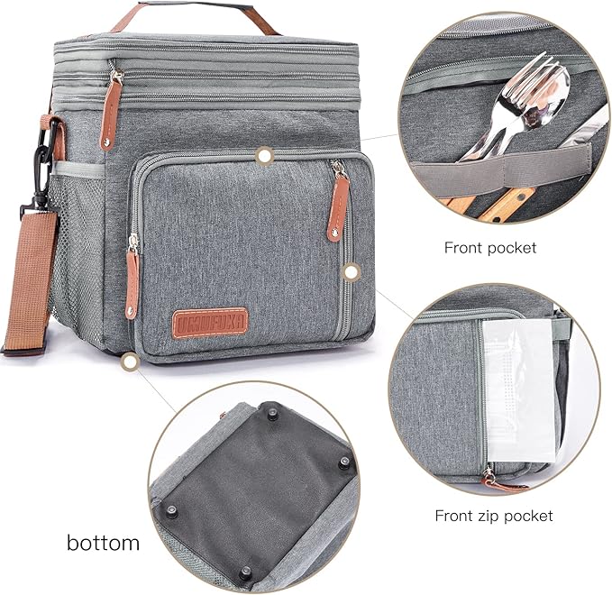 Men's and Women Double Compartment Lunch Bag, Insulated Lunch Cooler Tote 2 Roomy Large Reusable Water-resistant Lunch Box (Grey)