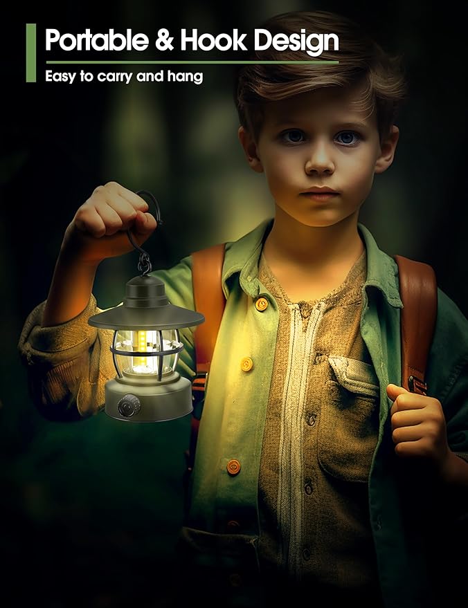 Camping Lantern Rechargeable Battery Powered 【2 Pack】, Camping Gear Must Haves, Camping Accessories, Retro Camping Light Waterproof Hanging LED Tent Lamp for Outdoor Hiking Fishing (Dark Green)