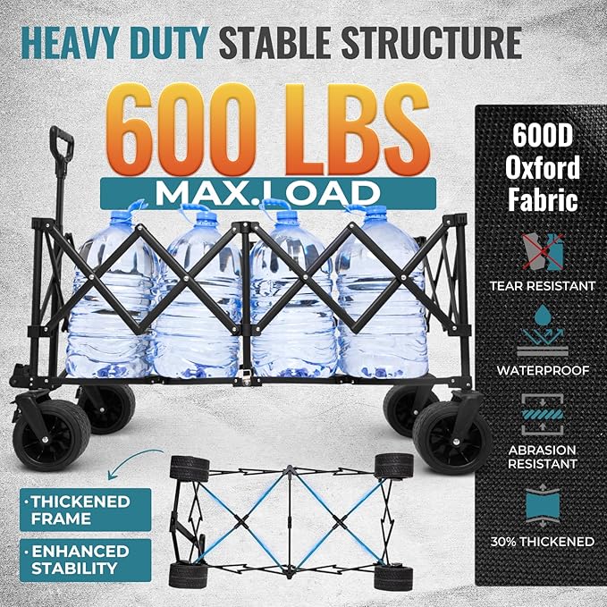 FUNDANGO 600lbs Collapsible Wagon, Foldable Beach Wagons Heavy Duty Garden Cart with Brakes, Side Pockets & All-Terrain Big Wheels for Sports Camping Shopping Groceries, Black/Blue