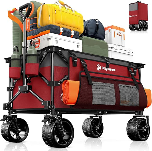 220L Collapsible Wagon Cart Foldable, 460LB Load Capacity Heavy Duty Folding Beach Wagons with Big All-Terrain Wheels, Utility Carts for Groceries, Shopping, Camping, Sports - Grey&Burgundy