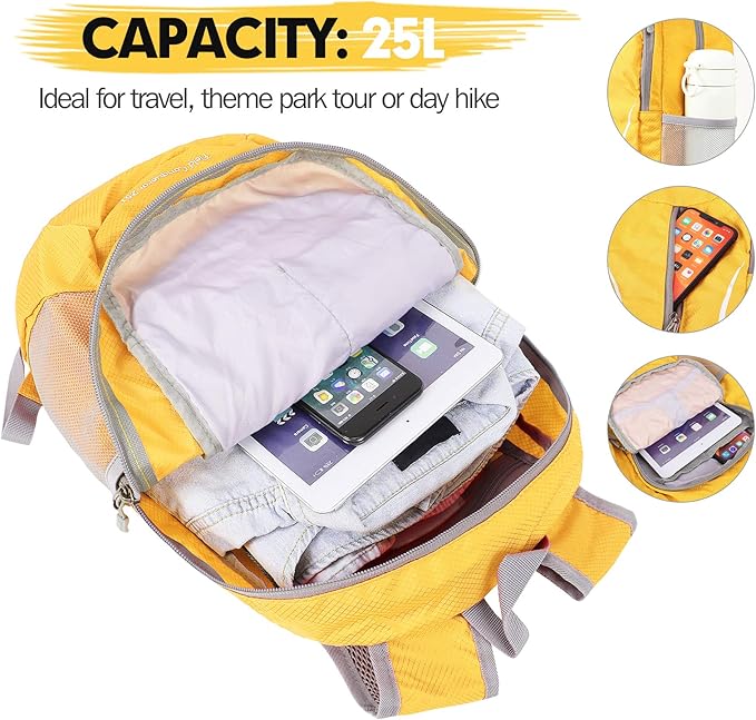 ZOMAKE Ultra Lightweight Packable Backpack 25L, Foldable Hiking Backpacks Water Resistant Small Folding Daypack for Travel(Yellow)