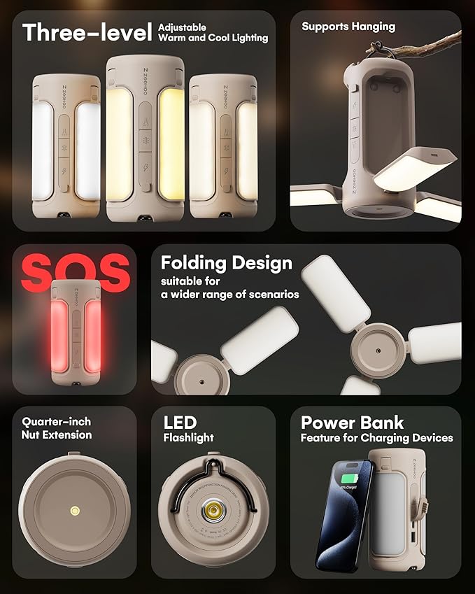 Rechargeable LED Camping Lantern, Camping Lights with Flashlights, Waterproof Tent Light with 4 Light Modes, Camping Essentials, 6000mAh Power Bank, for Camping, , Hiking, Power (Brown)