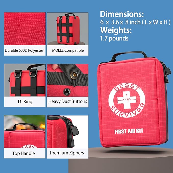 Premium First Aid Kit with Labelled Compartments, Molle System Trauma Kits for Car, Home, Hiking, School, Professional Medical Kits for Outdoor Emergencies & Home Medical Supplies -221 Pieces Set