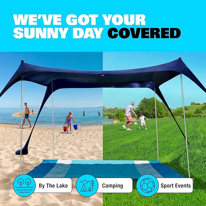 SUN NINJA Beach Tent Sun Shelter, UPF50+ Protection, Easy Pop Up Beach Shade Canopy for Camping, Fishing, Backyard Fun, Lightweight & Portable, Fits Up to 8 People, 10x10 FT 4 Pole, Navy
