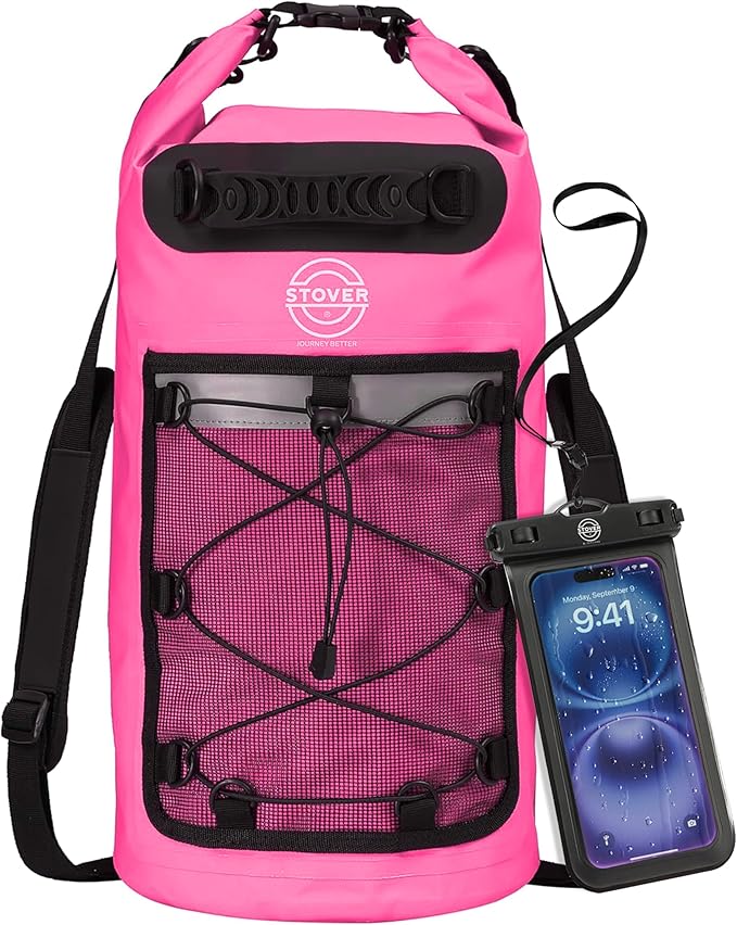 STOVER 5/10/25/30/40/55L Waterproof Dry Backpack & Phone Case- Medium Floating Dry Bag for Kayaking, Travel, Hiking, Fishing, Camping, Motorcycles & Beach, Heavy-Duty Roll Top Men/Women (Pink)