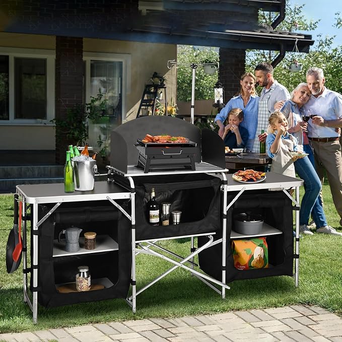 Cmaping KitchenTable, Aluminum Folding Camping Cook Station with Windshield, Upgrade Light Stand, Storage Bag, Quick Installation for Outdoor, Picnic, Cooking