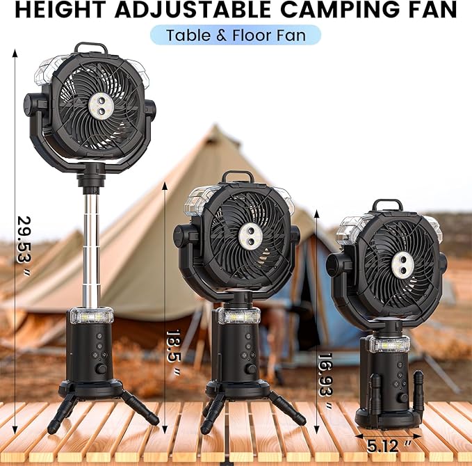 Camping Fan Rechargeable 330ml Portable Misting Fan 20000mah Battery Powered With Led Light Height Adjustable Remote Hook Oscillating Floor Outdoor Fan For Camping Patios, 2 Spray Mister, Black