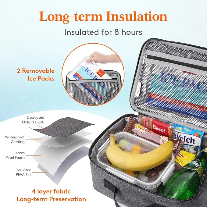 Lifewit Freezable Lunch Box, Insulated Reusable Lunch Bag with 2 Ice Packs, Mini Cooler Snack Bag for Bento Box for Salad, Sandwich, Snacks fo Men Women for Work, Dark Gray 5L