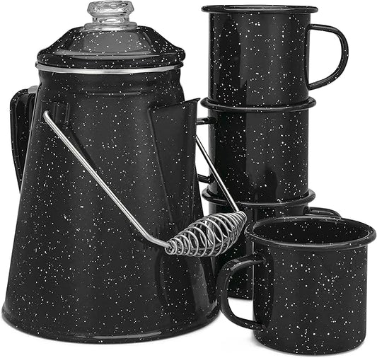 COLETTI Classic Enamel Set Coffee Percolator & Mugs — The Most Nostalgic Camping Coffee Pot, Now Modernized [Black Enamel, 12 Cup Percolator Coffee Pot & Set of 4 Mugs]