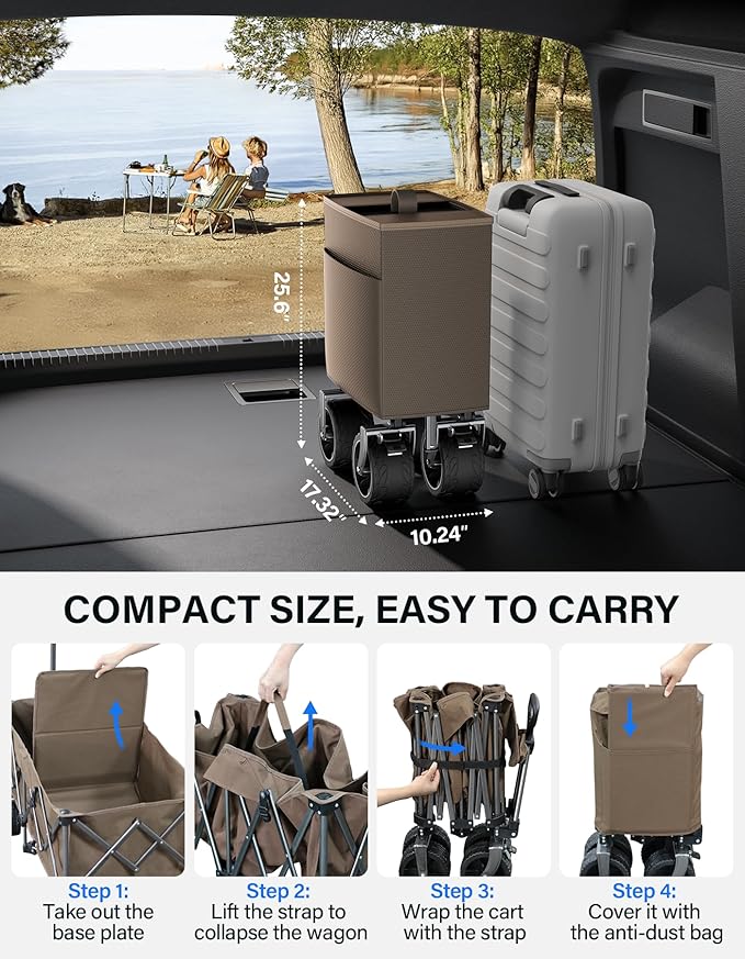 Collapsible Wagon, 440 lbs Foldable Utility Wagon Cart with Big Wheels, Heavy Duty Folding Wagon for Beach/Garden/Camping/Grocery-Brown