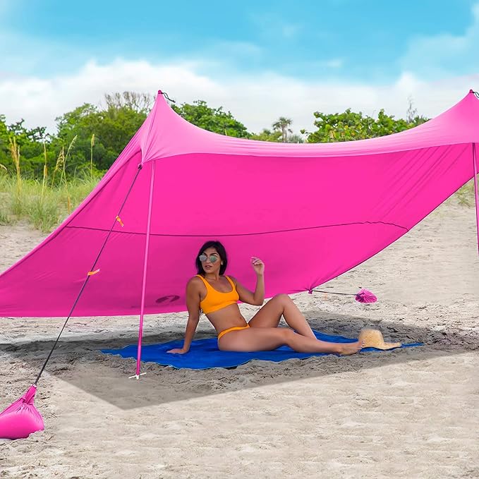 Red Suricata Family Beach Tent & Canopy, UPF50 Sun Shade, 4 Aluminum Poles, Sand Shovel, Large Portable Sun Shelter